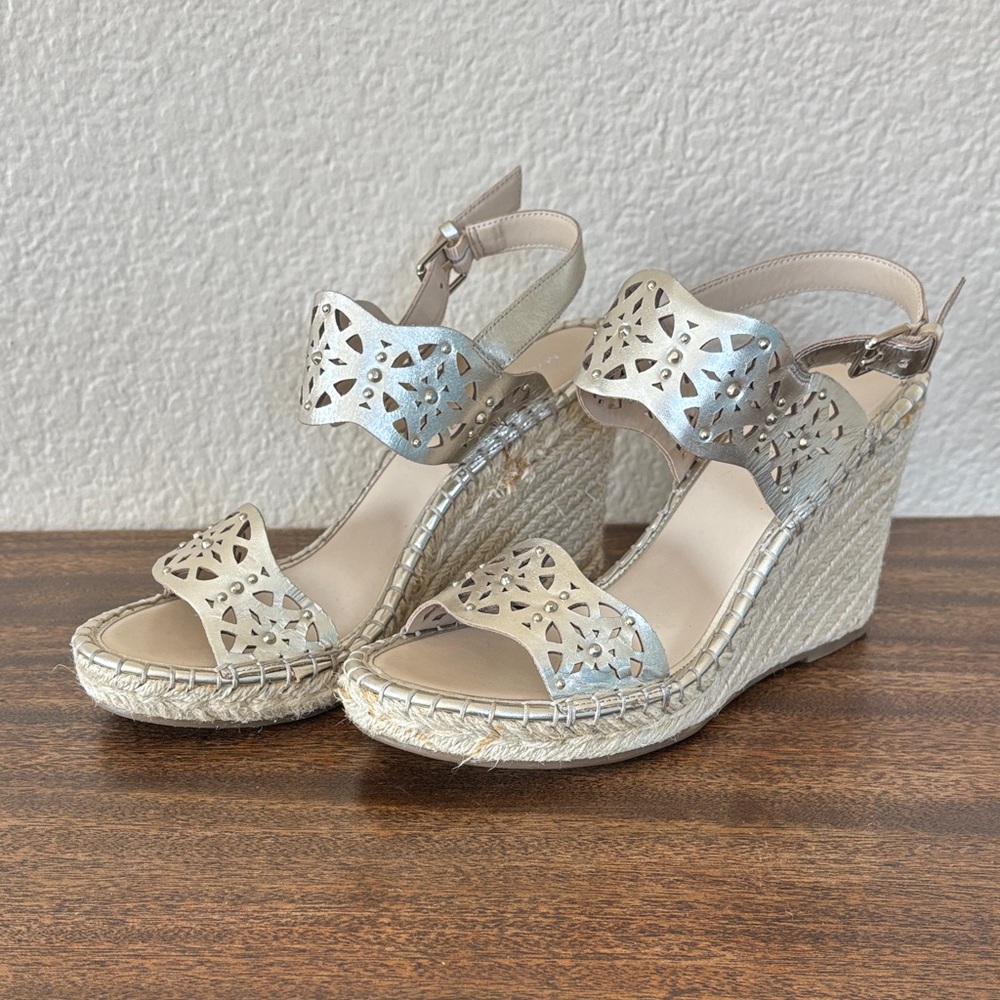 Marc Fisher Gold Leather Embellished wedge espadrille sandals size 9.5
